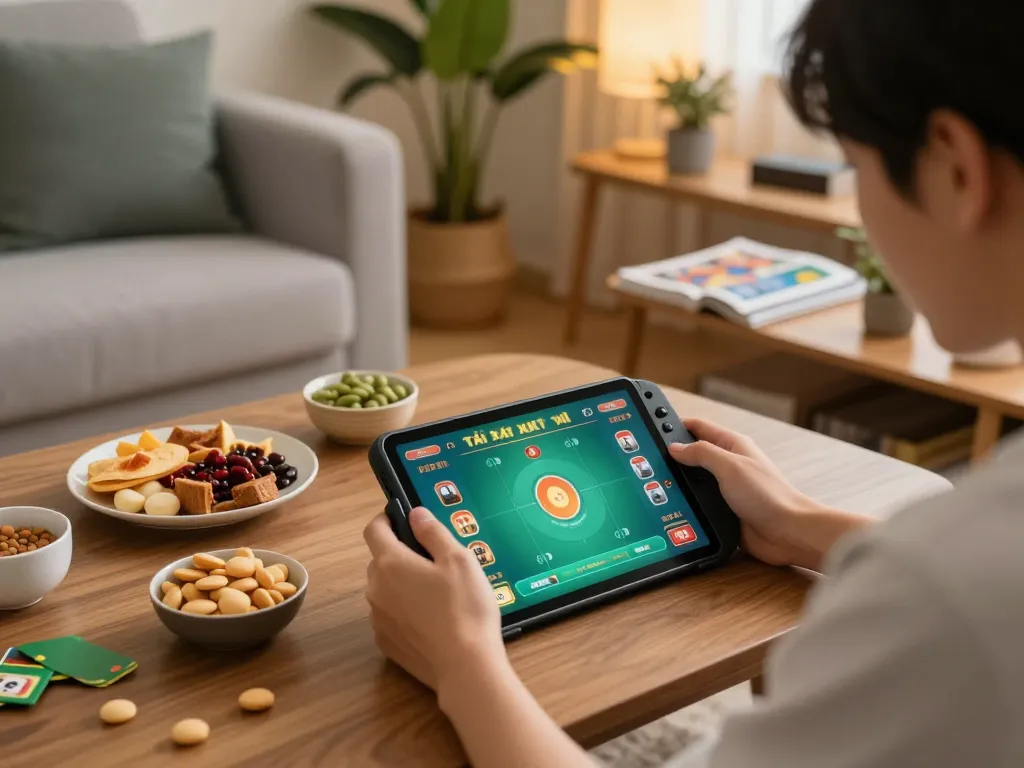 Engaging in tài xỉu online gaming from home, showcasing cozy atmosphere with a tablet.