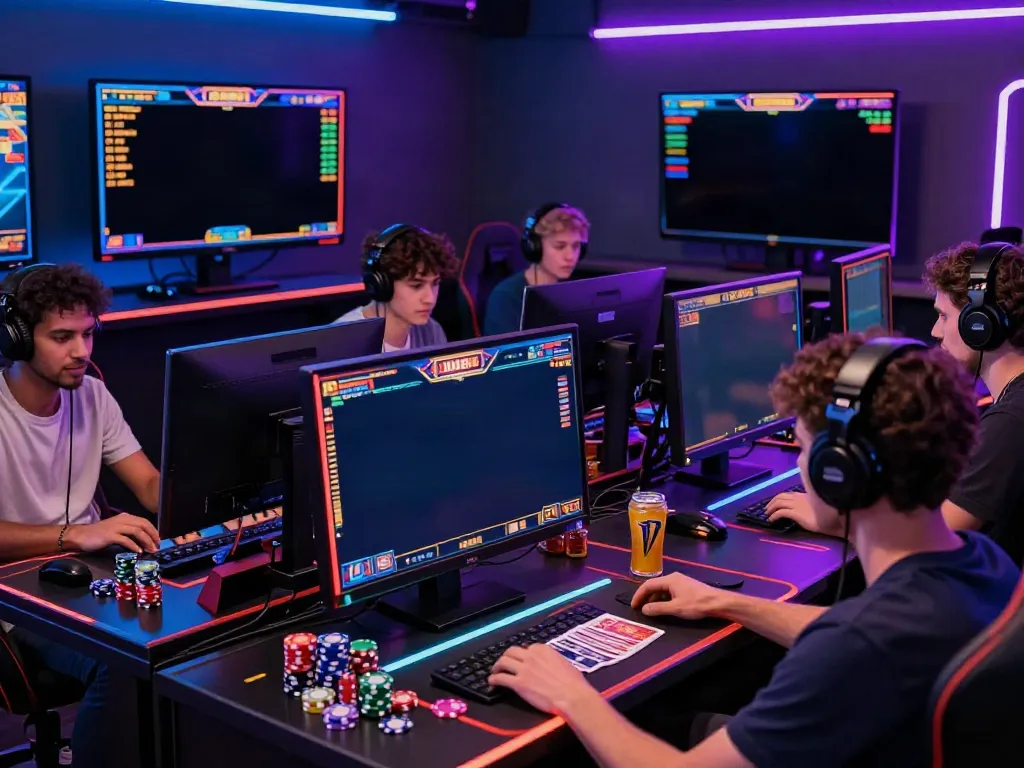 Engaged gamers playing akunjp online slot games in a vibrant gaming lounge