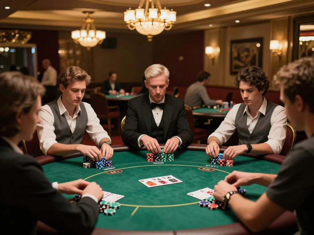 LGOGOAL players strategizing at a poker table in a luxurious casino setting.