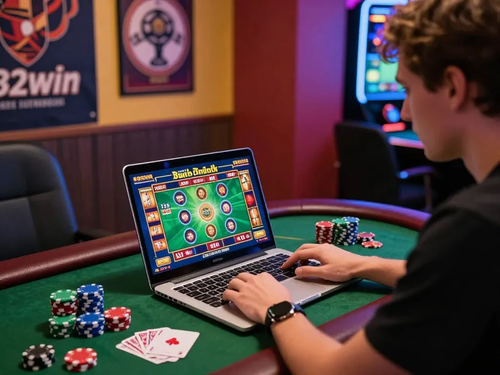 32win online gambling scene with engaged player enjoying casino games on laptop.