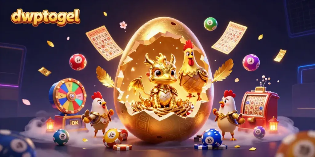 Permainan togel yang menarik di dwptogel dengan naga emas dan elemen permainan berwarna-warni.