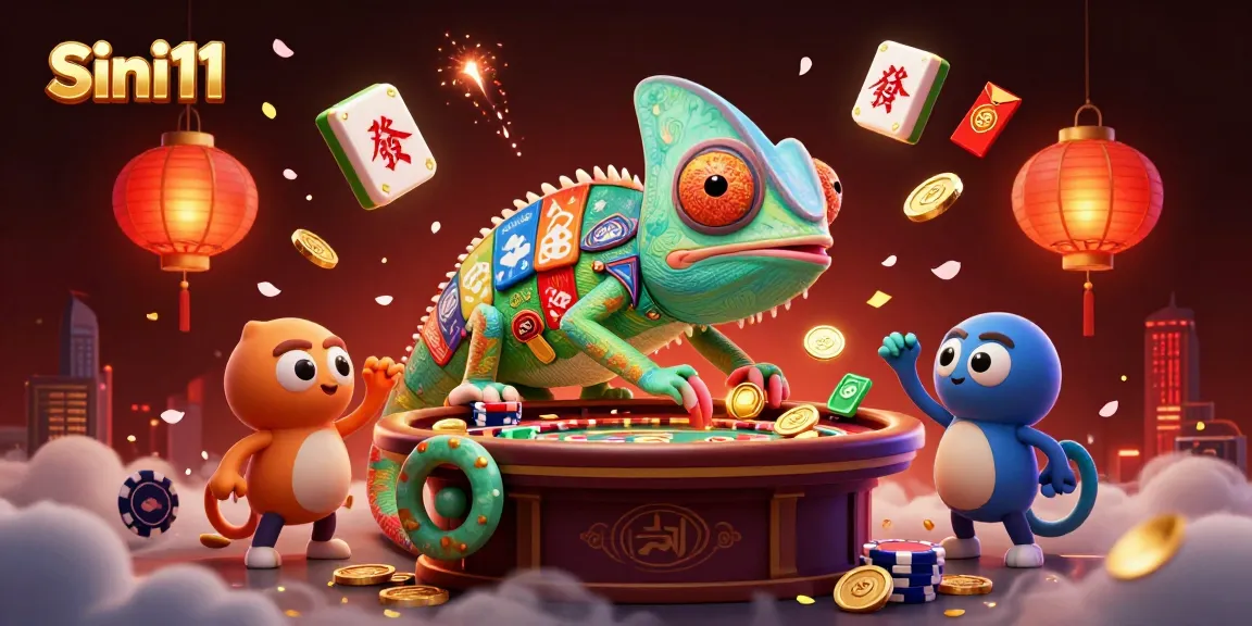 Menghadirkan Sini11, pemilik kasino chameleon kartun besar menangkap koin emas di lingkungan permainan yang ceria.
