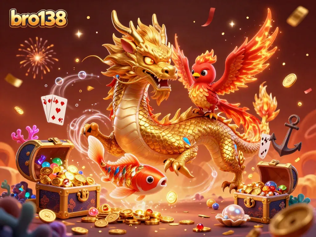 Experience excitement and wins at bro138 with a golden dragon and phoenix in a vibrant casino-themed illustration.