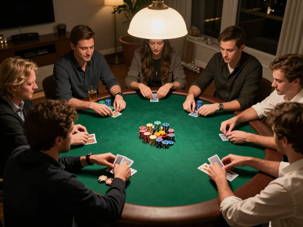 Players engage in an exciting home poker game with 88pulsa chips and cards in hand.