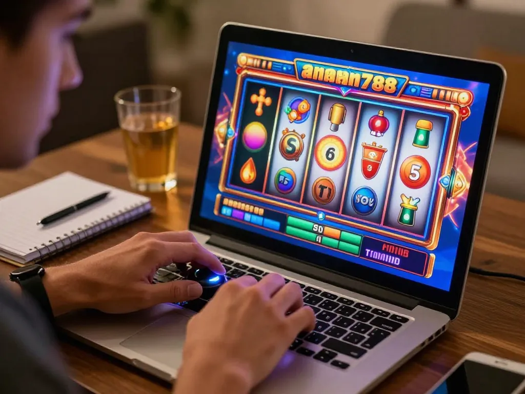 Pemain berinteraksi dengan mesin slot online aman788 di tablet, fokus pada gulungan yang berputar di lingkungan rumah yang nyaman