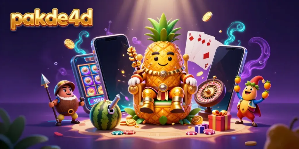 pakde4d showcases a vibrant beach casino scene with a golden pineapple king and colorful slot elements.
