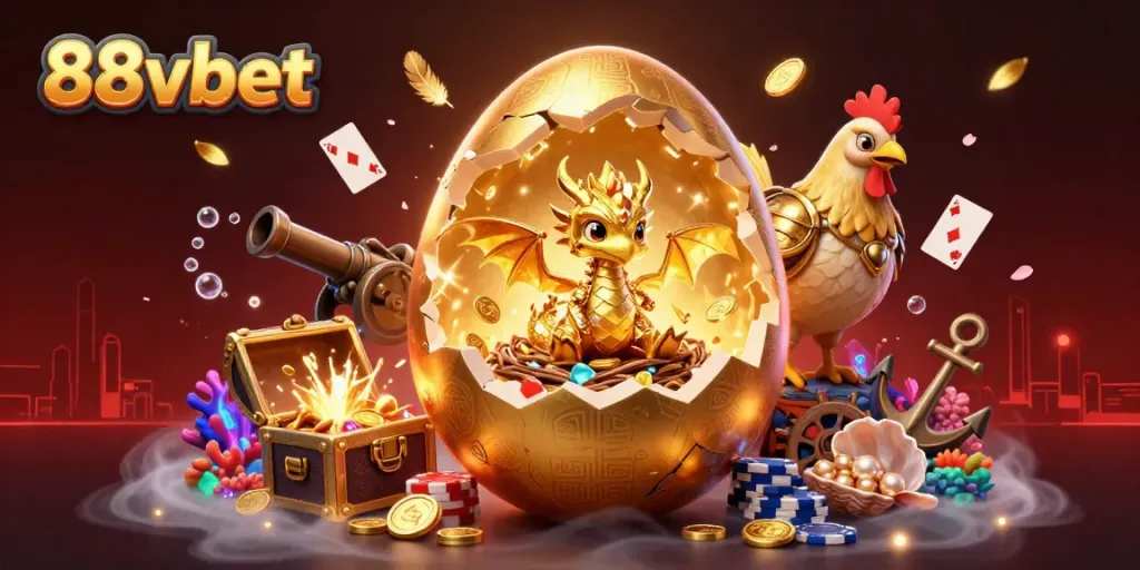 Engage with exciting games at 88vbet, featuring vibrant, cartoon-style golden dragon amidst poker chips and shimmering treasure.