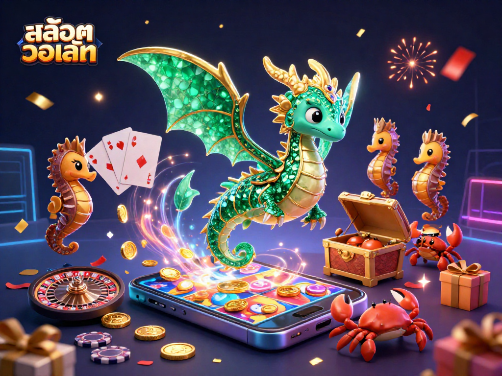 Spin the reels with สล็อตวอเลท, featuring vibrant casino elements and an enchanting sea dragon.