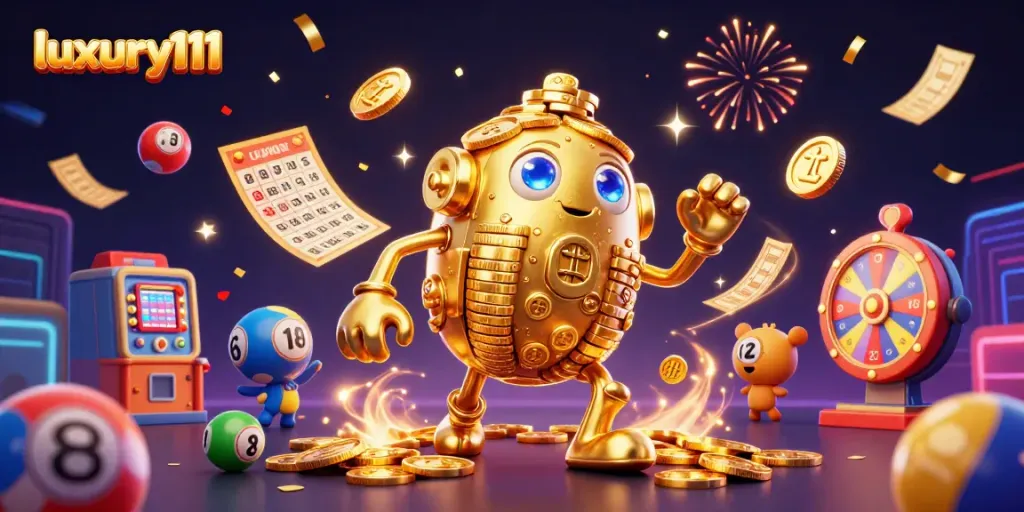Experience gaming fun with luxury111 featuring a golden golem amidst vibrant casino elements.
