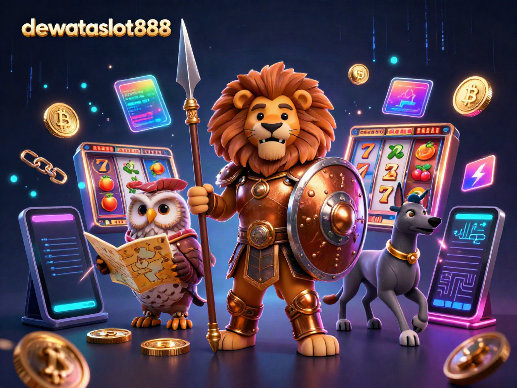 Gambarkan akrab dalam suasana permainan di dewataslot888 dengan slot, simbol keberuntungan, dan karakter unik.