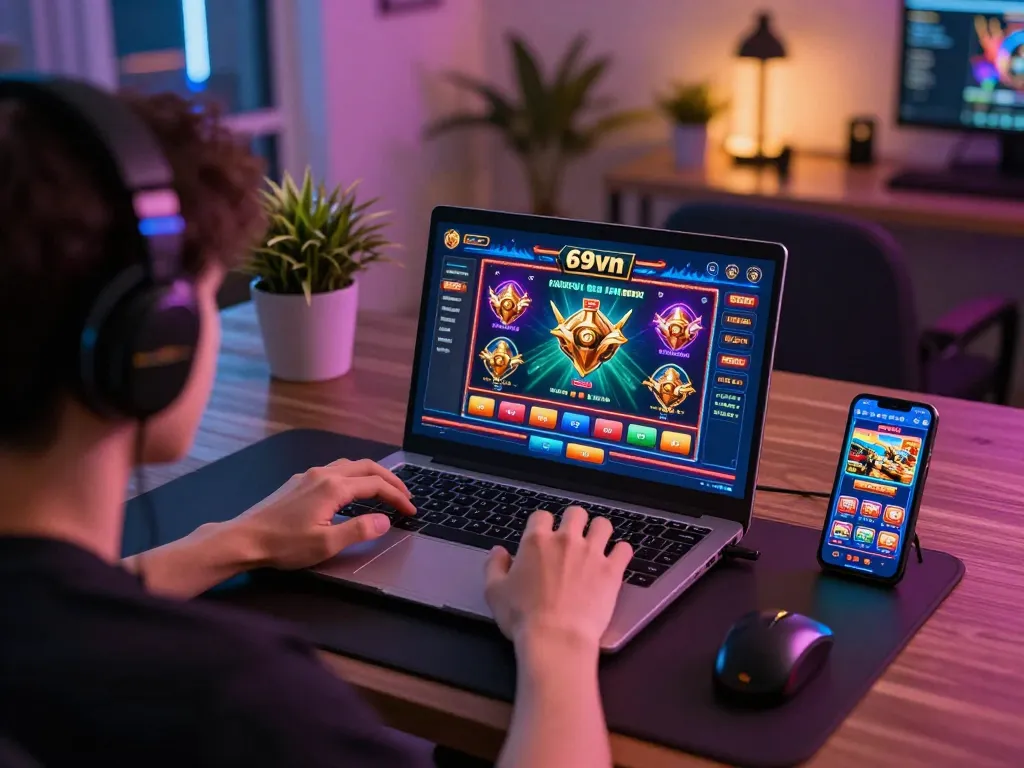 Engage in exciting games on 69vn platform using laptop and mobile app, showcasing online casino experience