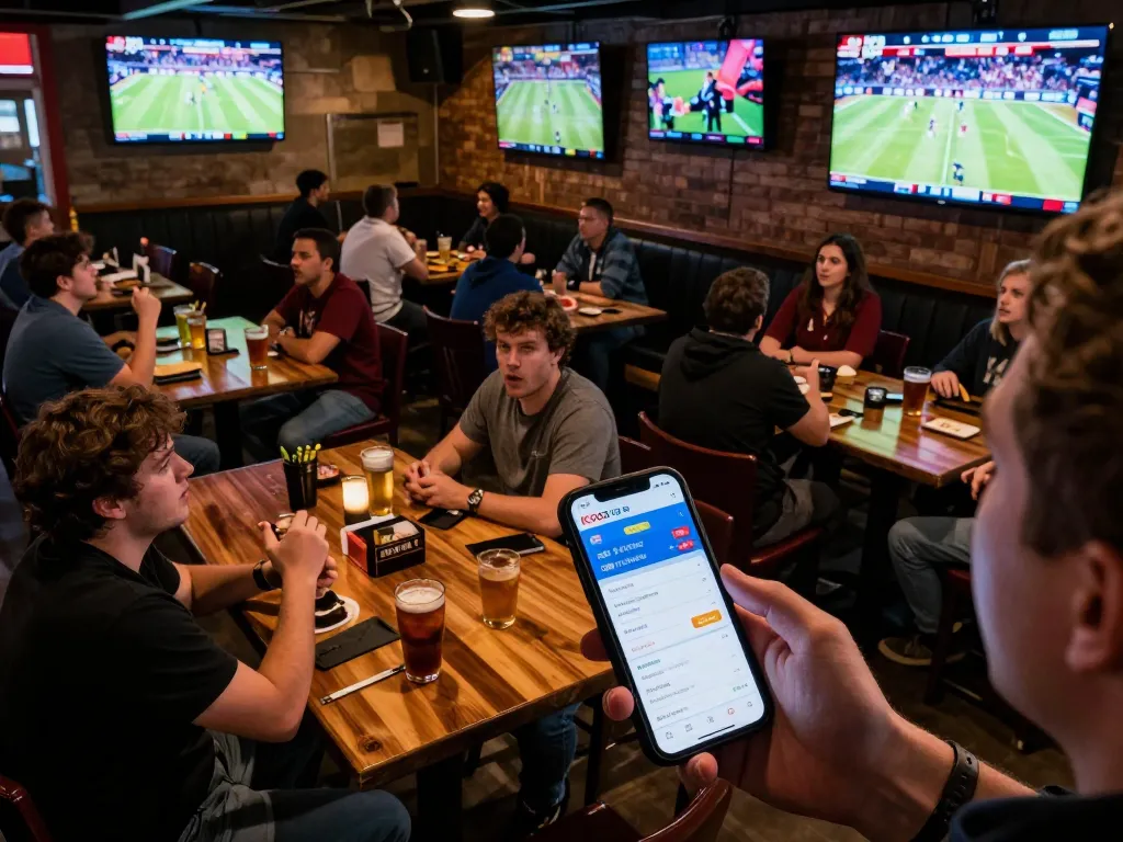 Fans using KQBD app during live sports betting at vibrant sports bar