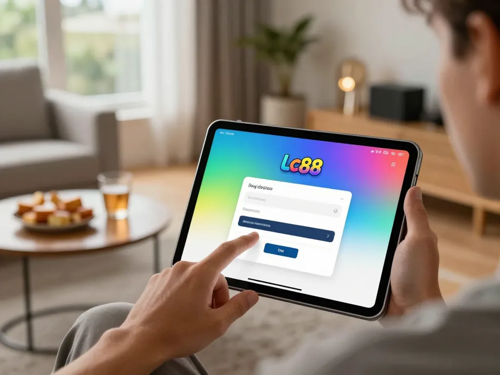Player engaging in Lc88 đăng nhập on tablet in cozy home setting with warm lighting and snacks.