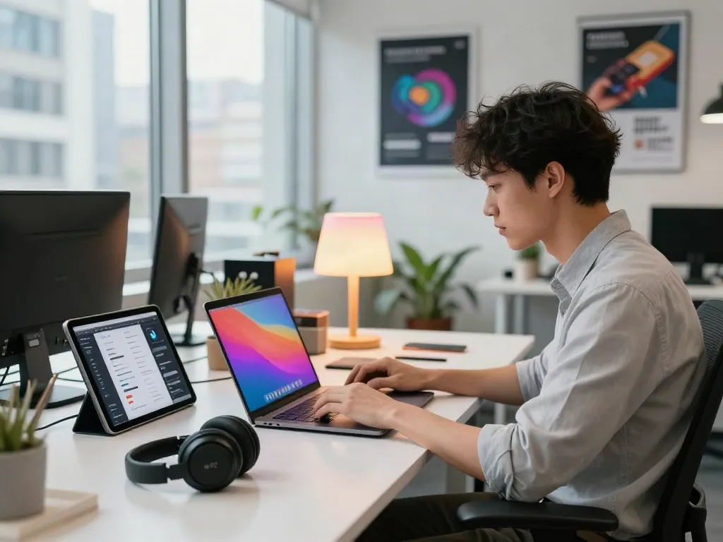 A tech enthusiast working on a laptop in a vibrant coworking space, embodying innovation with a80 gaming themes.