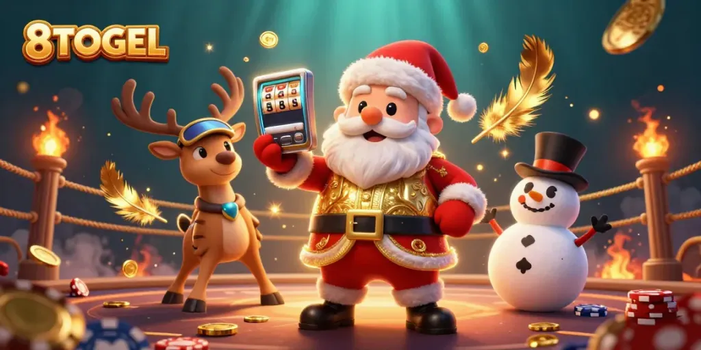 Menangkan jackpot di 8TOGEL dengan karakter Santa Claus dan teman-temannya di casino.