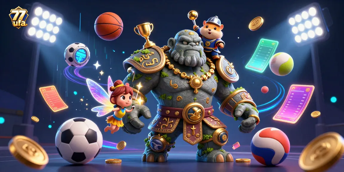 Experience thrilling sports betting action with 77ufa's magical casino atmosphere featuring a golem guardian.