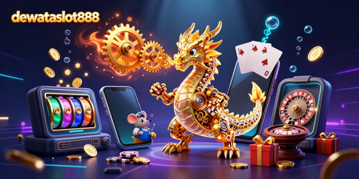 Mengalahkan tantangan di dunia dewataslot888 dengan ilustrasi 3D karakter bermain kartu remi dan permainan kasino lainnya.