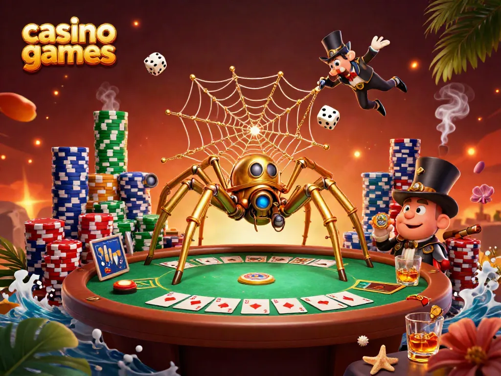 Experience thrilling casino games through a colorful 3D illustration depicting poker action.