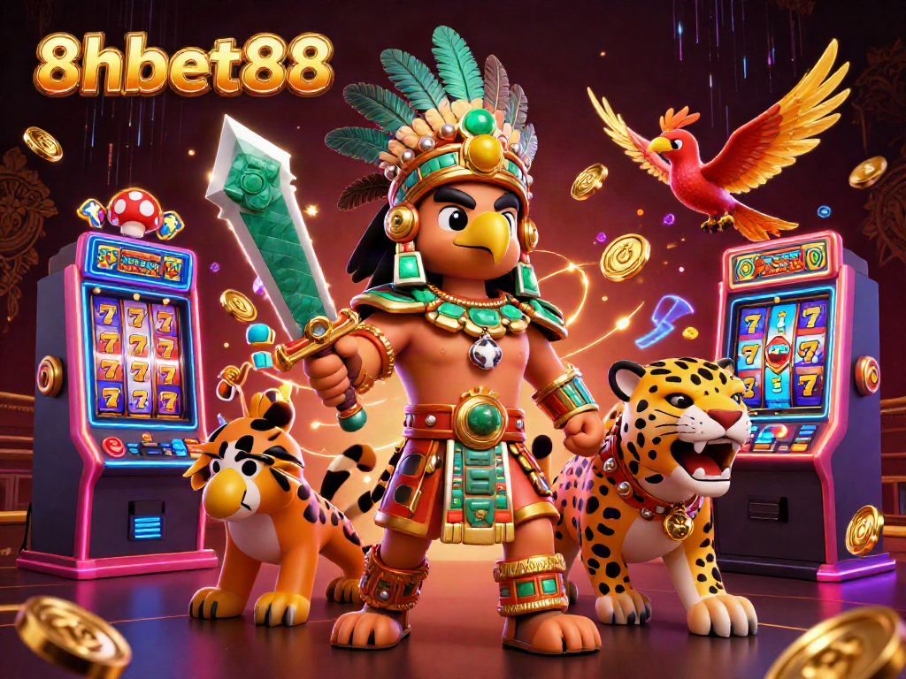 Experience the excitement of 8xbet88 with vibrant slot machines and Aztec warriors illustrating casino thrills.
