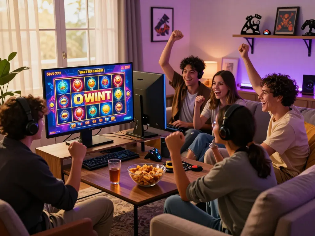 Friends celebrating a win on slot gacor 777 game in a vibrant home gaming setup.