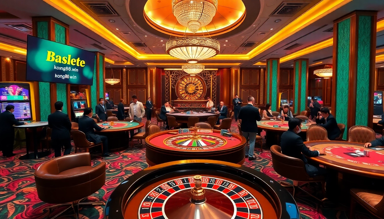 Players strategizing in a luxury casino scene at https://kong88.win with poker chips and a roulette wheel.