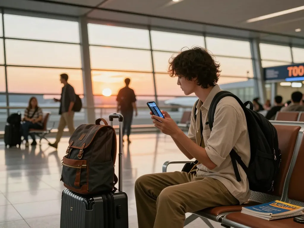Travel enthusiast checking flight details for 789P at vibrant airport terminal.
