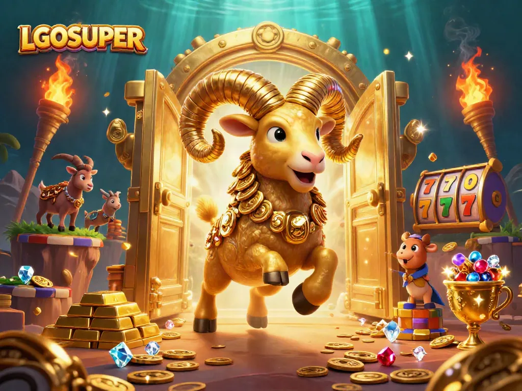Spin the reels with LGOSUPER's golden ram amidst treasure in this vibrant casino illustration.
