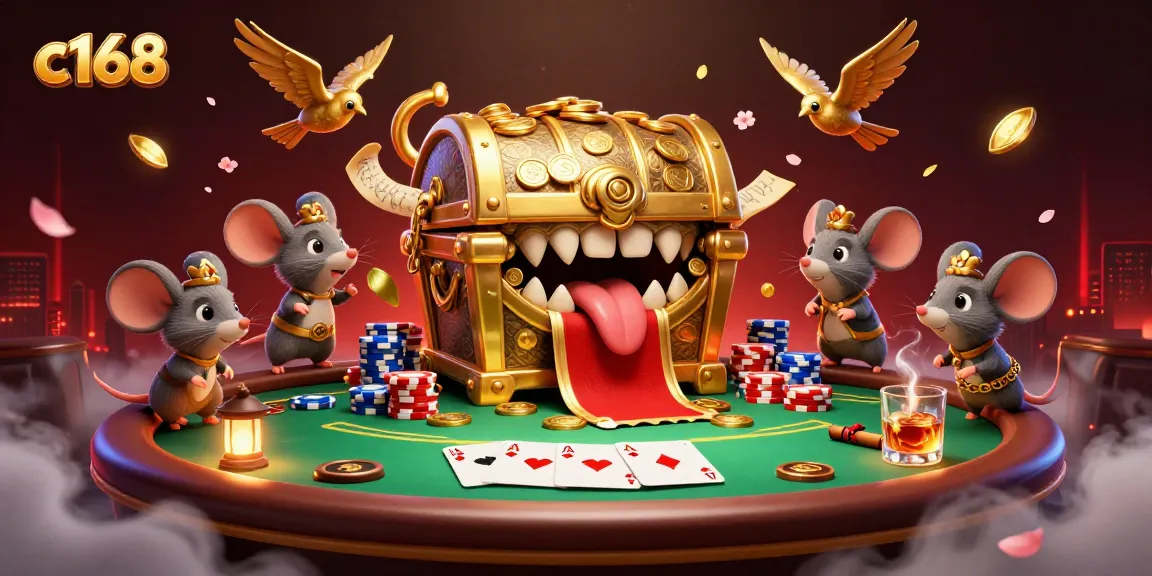 Engage in thrilling antics at c168 with an adventurous treasure chest and vibrant poker scene.