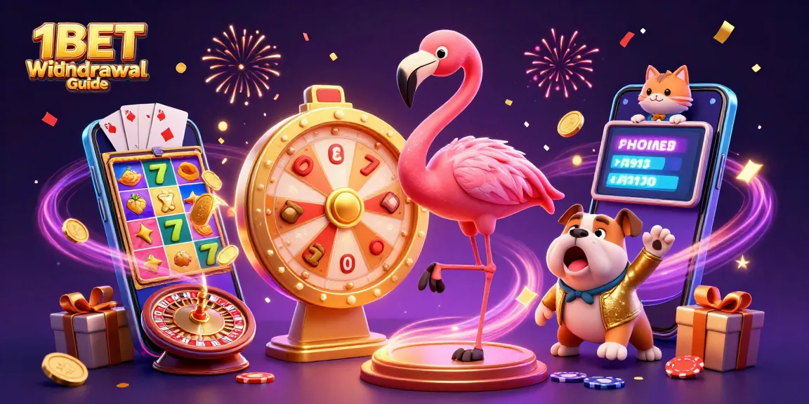 Engaging 1BET Withdrawal Guide featuring a flamingo game show host and bulldog contestant amid dynamic casino elements.
