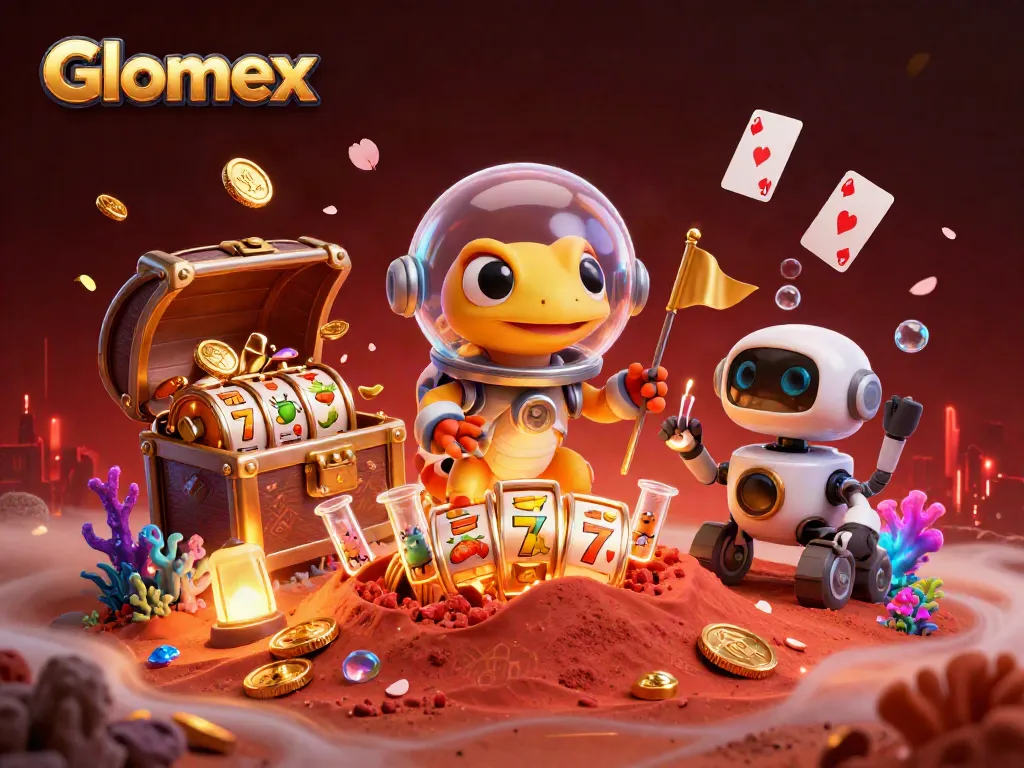 Glomex showcases a Martian gecko discovering a casino with vibrant elements and lively gambling action.
