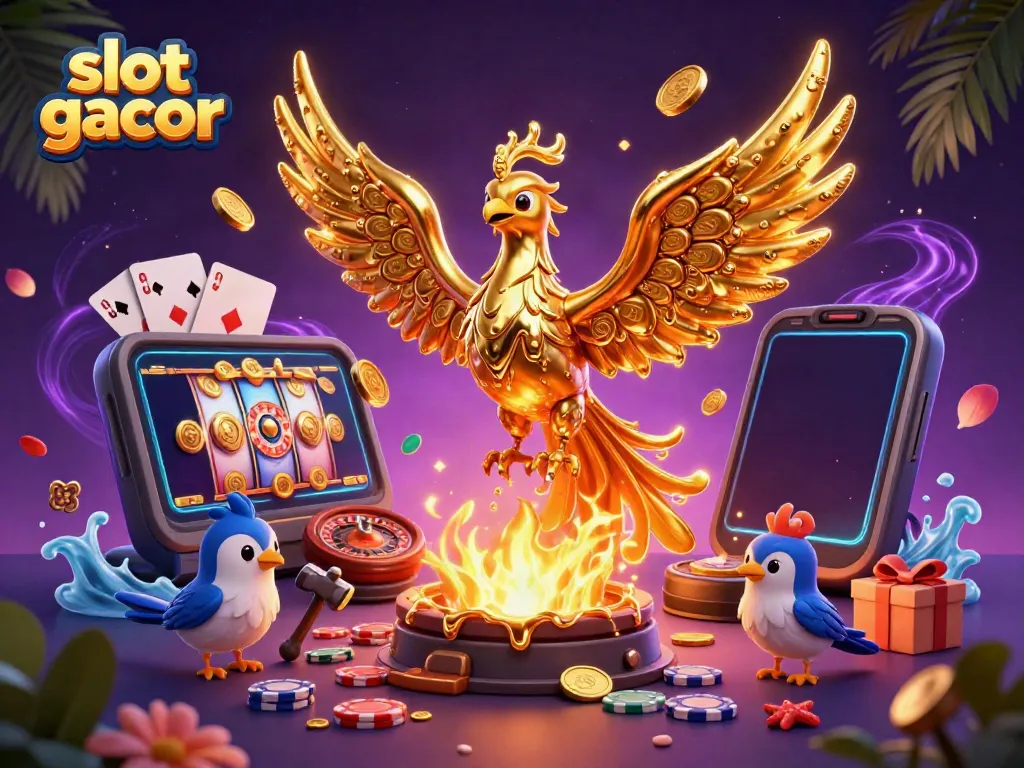 Engage with slot gacor through a vibrant 3D illustration of a molten metal phoenix and casino elements.