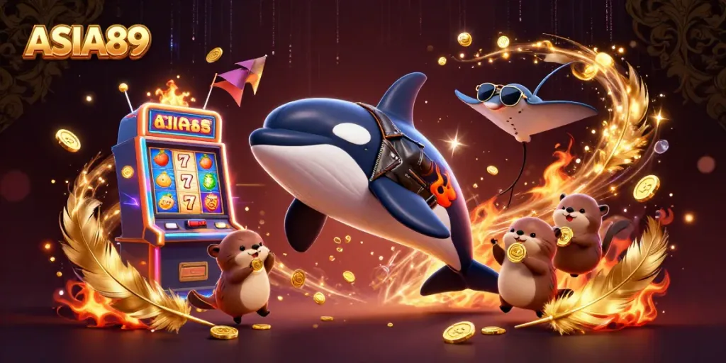 Experience the excitement of ASIA89 with cheerful sea creatures celebrating winnings around a vibrant slot machine.