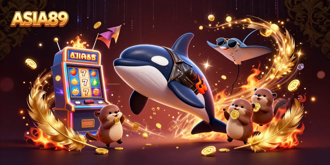 Experience the excitement of ASIA89 with cheerful sea creatures celebrating winnings around a vibrant slot machine.