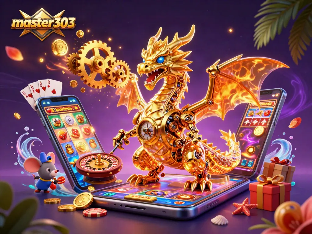 Master303 menghadirkan slot online yang menarik dengan naga emas mengeluarkan koin.