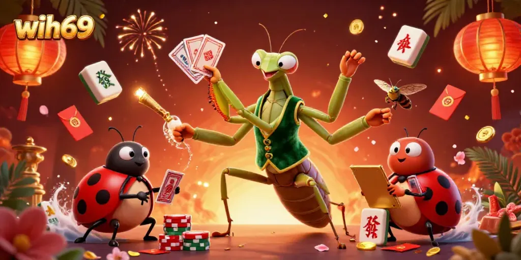 Memainkan game dari wih69 dengan suasana kasino penuh aksi dan warna-warni yang ceria.
