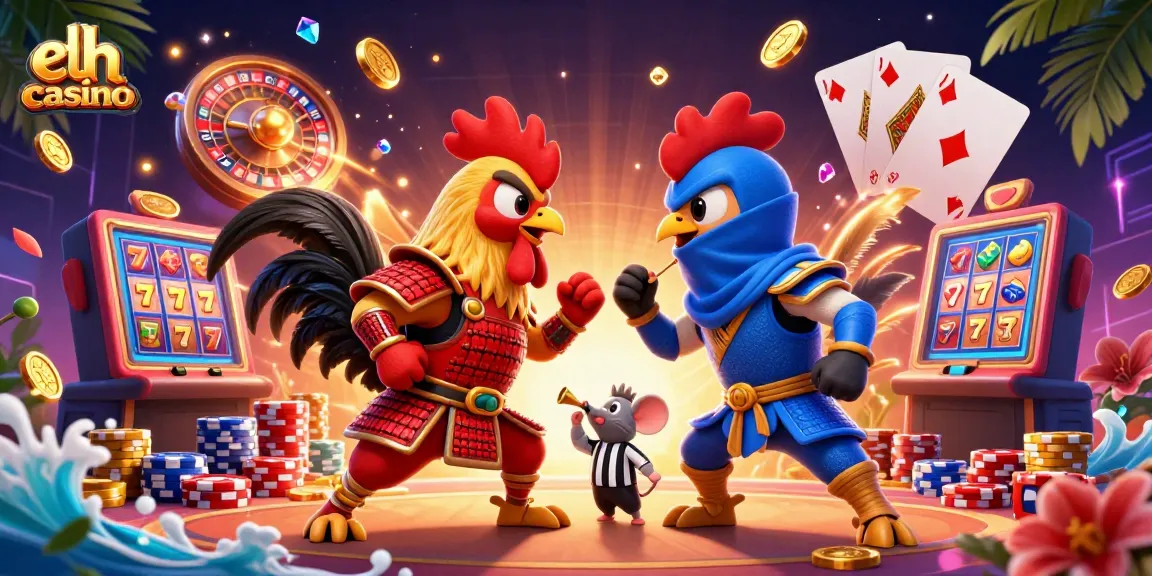 Engage with the eth casino scene featuring fighting roosters amidst coins and vibrant game symbols.