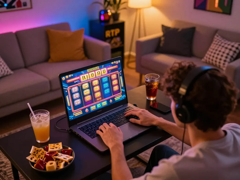 Engaging in a slot gacor game online in a cozy home atmosphere, showcasing colorful graphics and excitement.