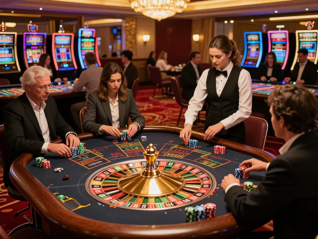 Players enjoying a thrilling game of roulette at NK88 casino, vibrant atmosphere with croupier spinning the wheel.