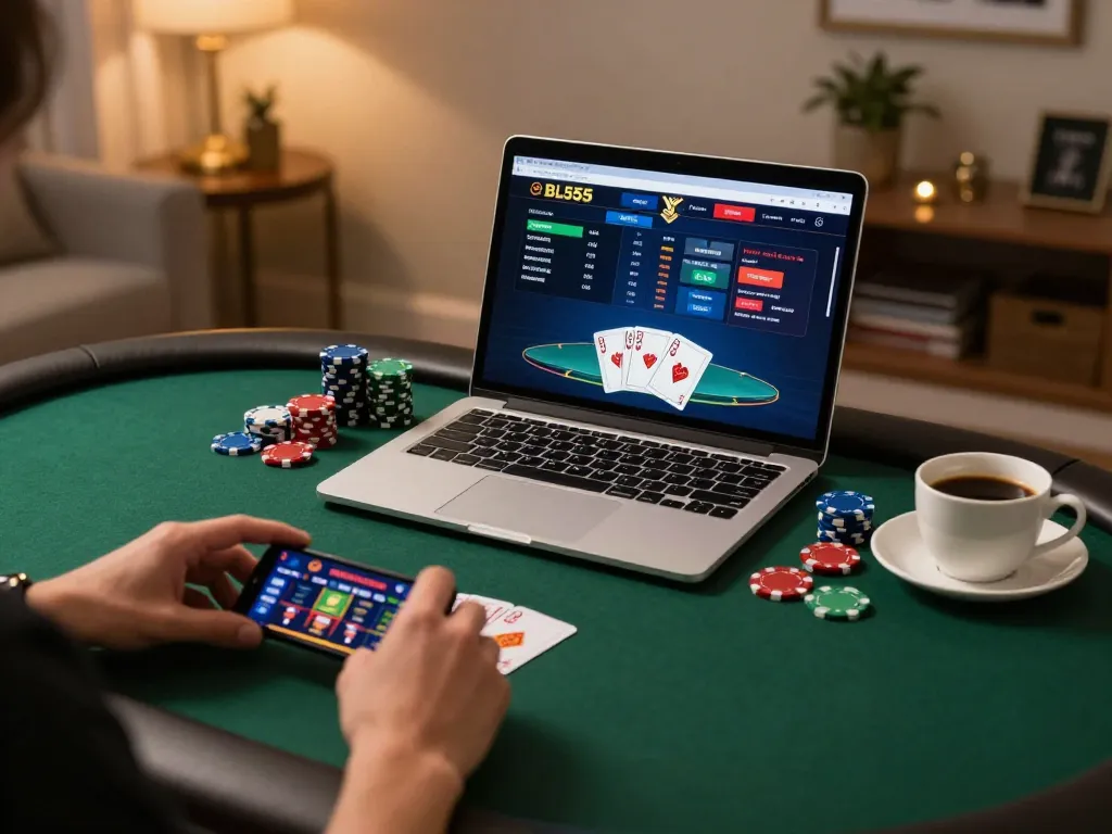 Engaged player using BL555 laptop for online poker game in a cozy home setting
