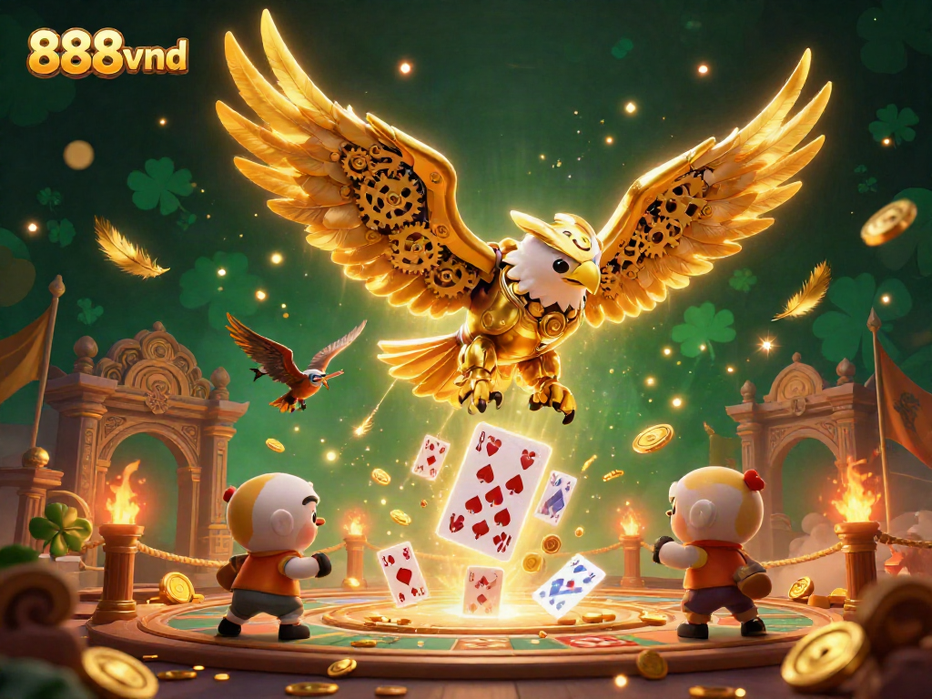 Experience the thrill of 888vnd with a dynamic scene of a cybernetic eagle amidst holographic playing cards and casino elements.