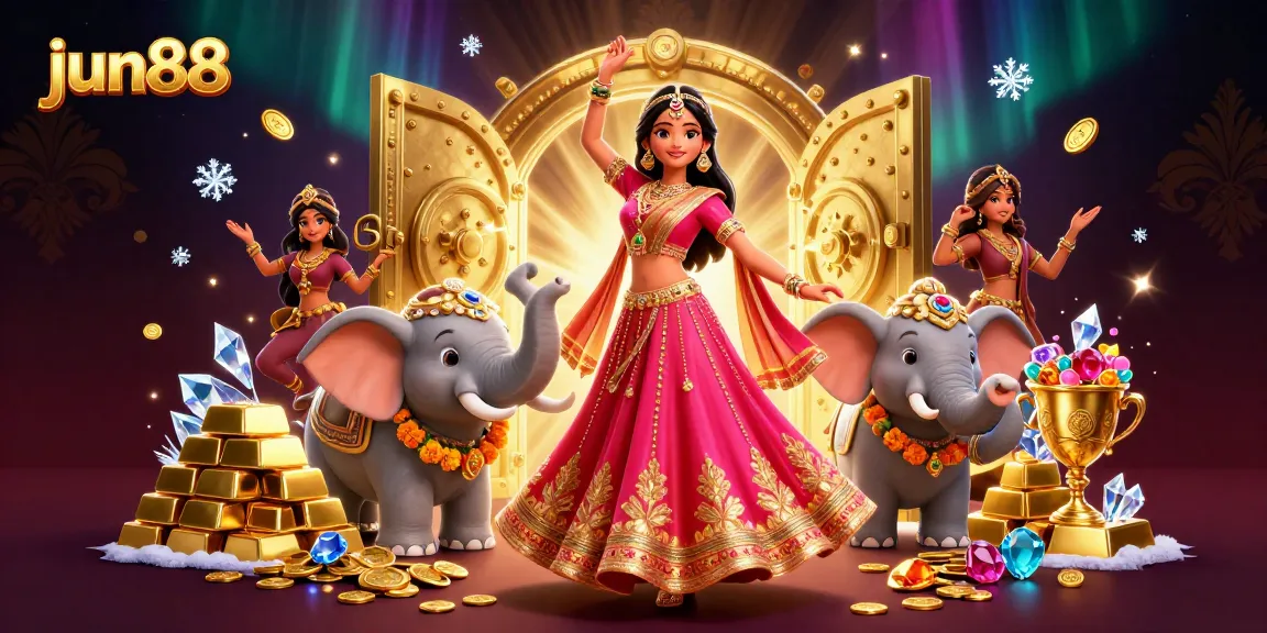 Experience thrilling jackpots at jun88 with vibrant scenes of a Bollywood-inspired casino adventure.