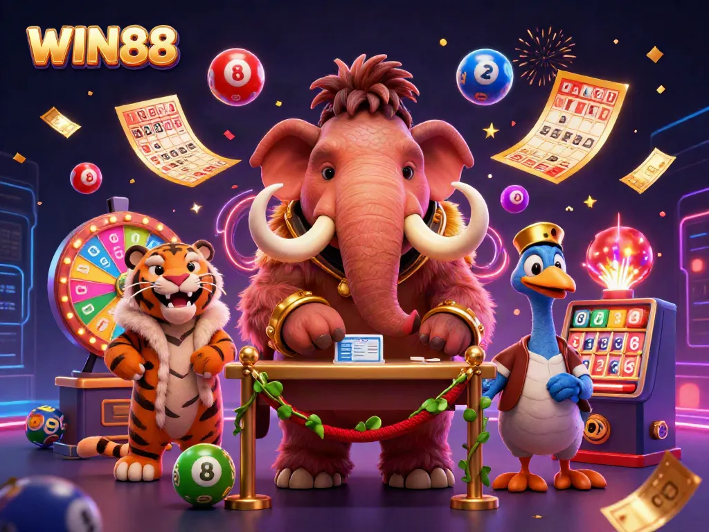 WIN88 showcases a vibrant casino scene with cartoon characters and dynamic gaming elements.