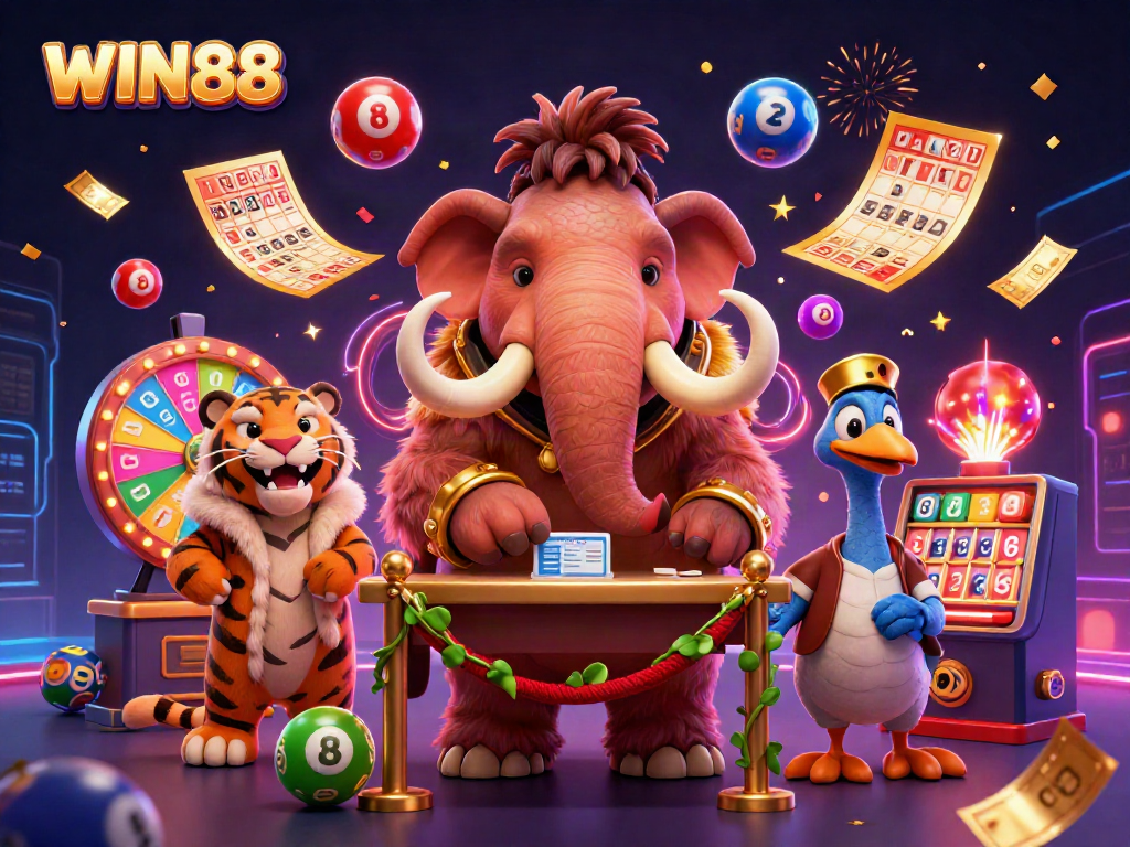 WIN88 showcases a vibrant casino scene with cartoon characters and dynamic gaming elements.