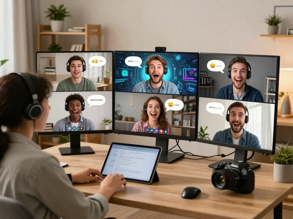 Diverse individuals enjoying ai porn chat in a cozy online forum setting.