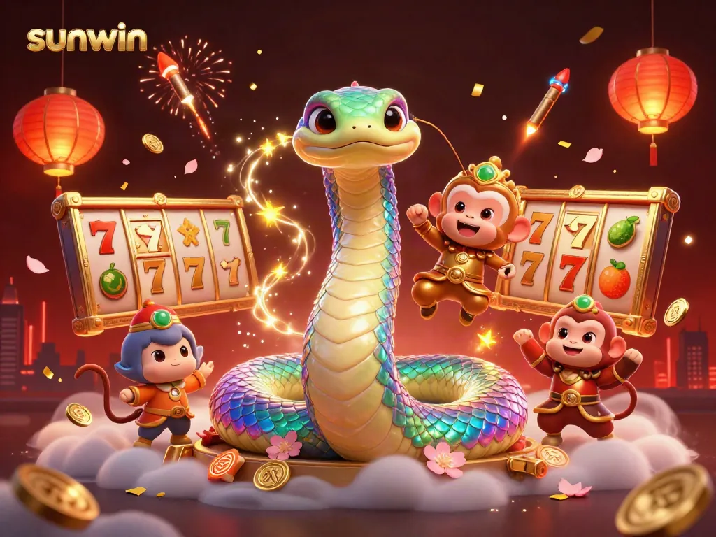 Experience thrilling gameplay with sunwin as a rainbow serpent coils around slot reels bursting with colors and excitement.