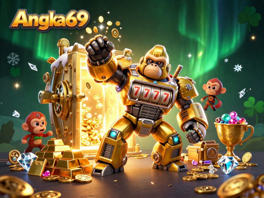 Spin and win with Angka69's golden gorilla mech and slot elements amidst treasure and excitement.