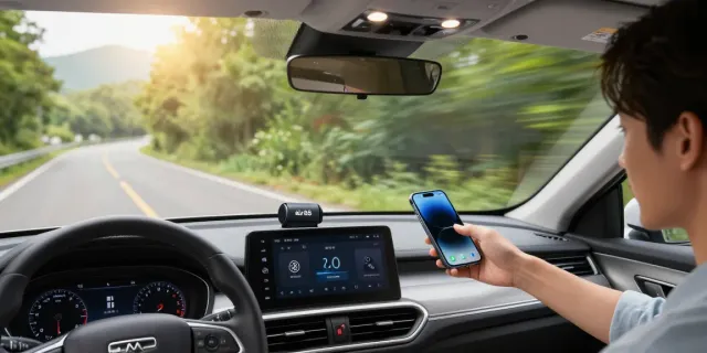 Pengemudi menghubungkan smartphone dengan Air88 di mobil modern, menunjukkan konektivitas Bluetooth yang mudah.