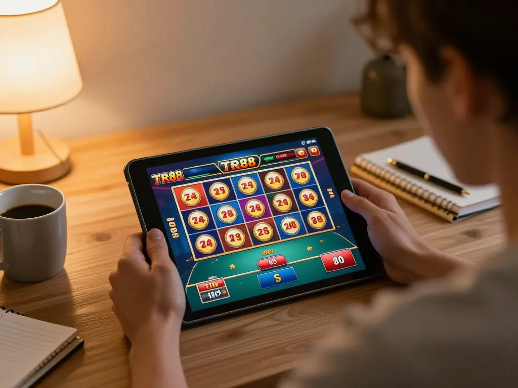 Engaged player enjoying TR88 online games with tablet in cozy home setting.