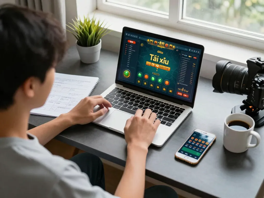 Tài xỉu online gaming session with player strategizing at home desk