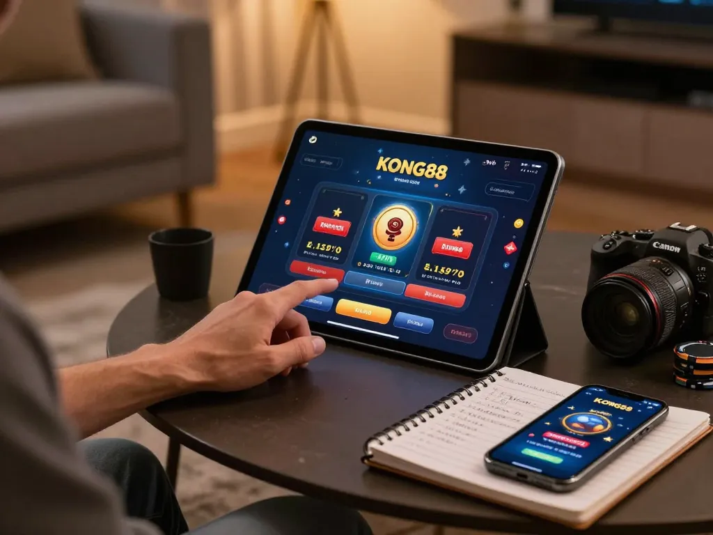 KONG88 user engaging with online gaming interface, showcasing strategic betting from a cozy home setup.